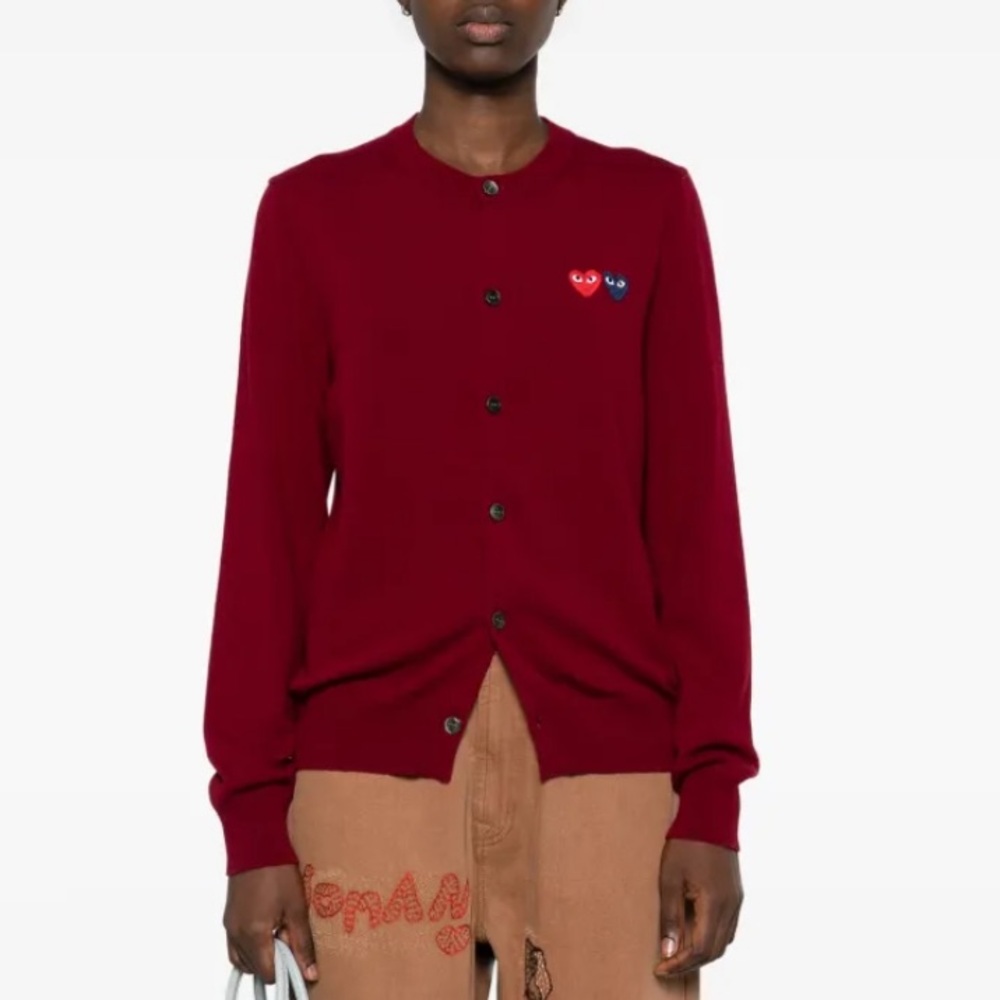 Comme des Garçons double heart burgundy red cardigan, size L, fits smaller